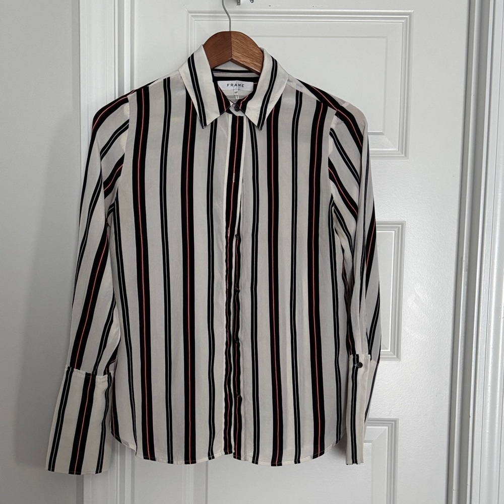 Frame Denim Black and White Striped Blouse